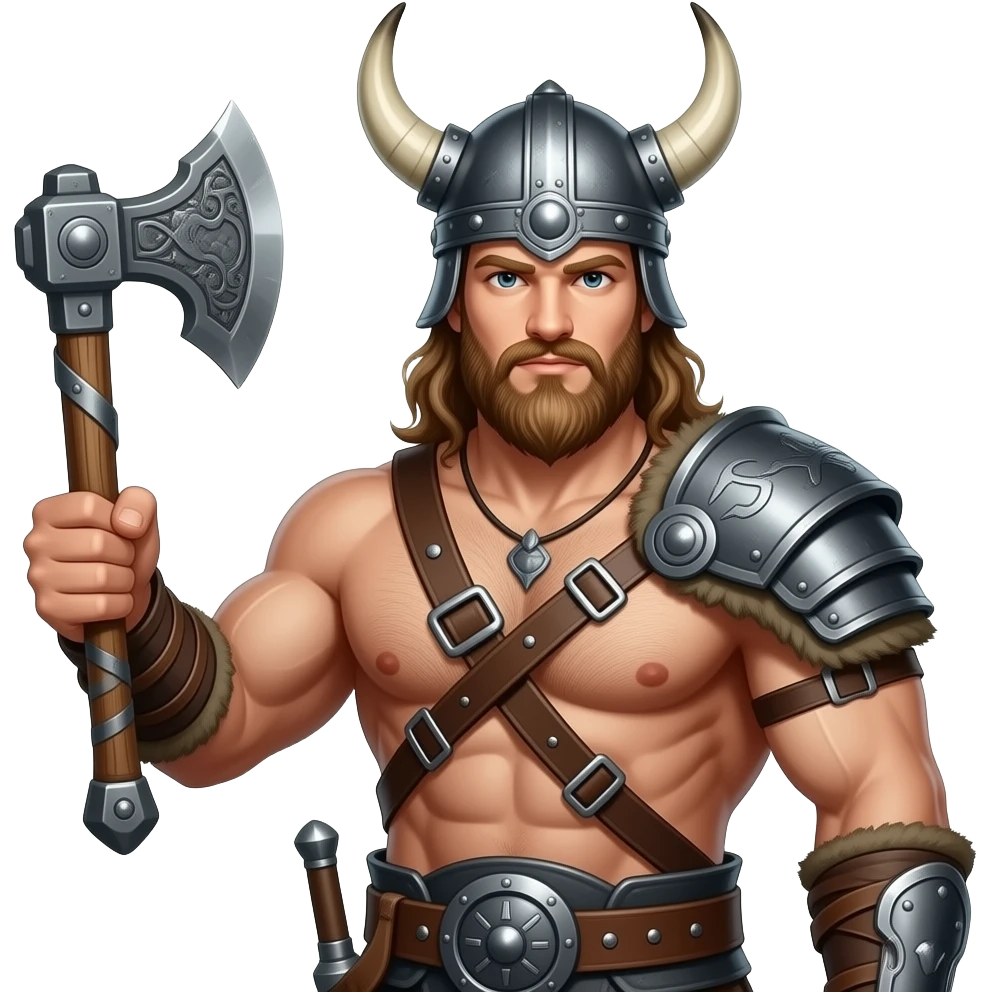 Nahaufnahme von einem Vikinger mit nackten muskulösem körper und einer behaarten und kräftigen männlichen Brust, mit Leder Riemen und Schulterpanzer. Er schwinkt eine Axt mit seiner rechten Hand und trägt ein Helm mit Hörnern und Bart emoji
