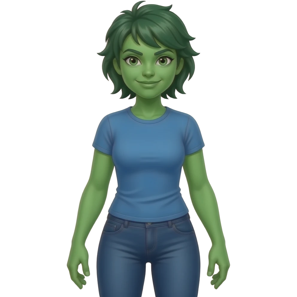 Full body female green she-hulk wearing blue outfit tshirt and tights with pixie mohawk hair emoji