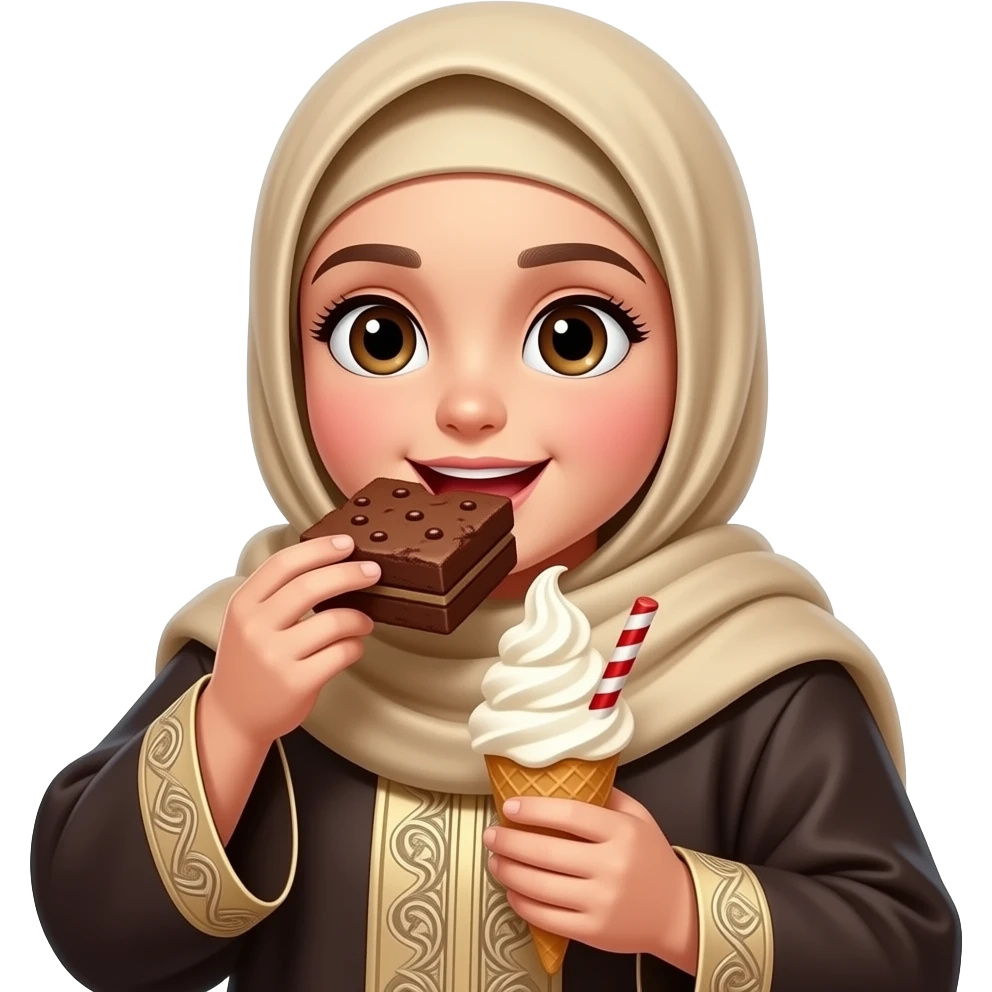 biggg girl eating brownie with ice cream wearing abaya emoji