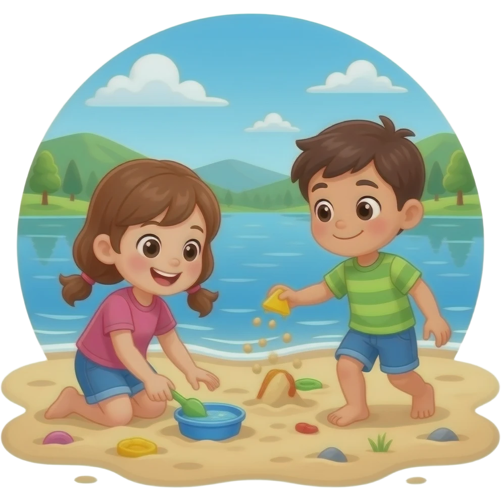 мультяшные дети играют на песке около озера без головных уборов emoji