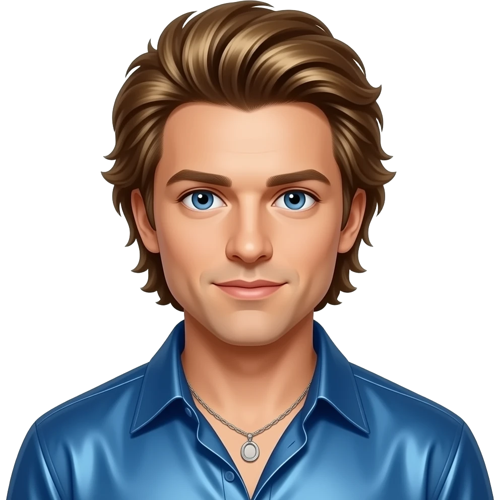 Joey McIntyre from NKOTB with blue eyes, golden brown 90s feathered layer hair, blue metallic shirt, necklace emoji