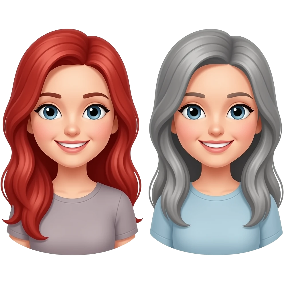red long hair lady smiling and grey long haired girl smiling emoji