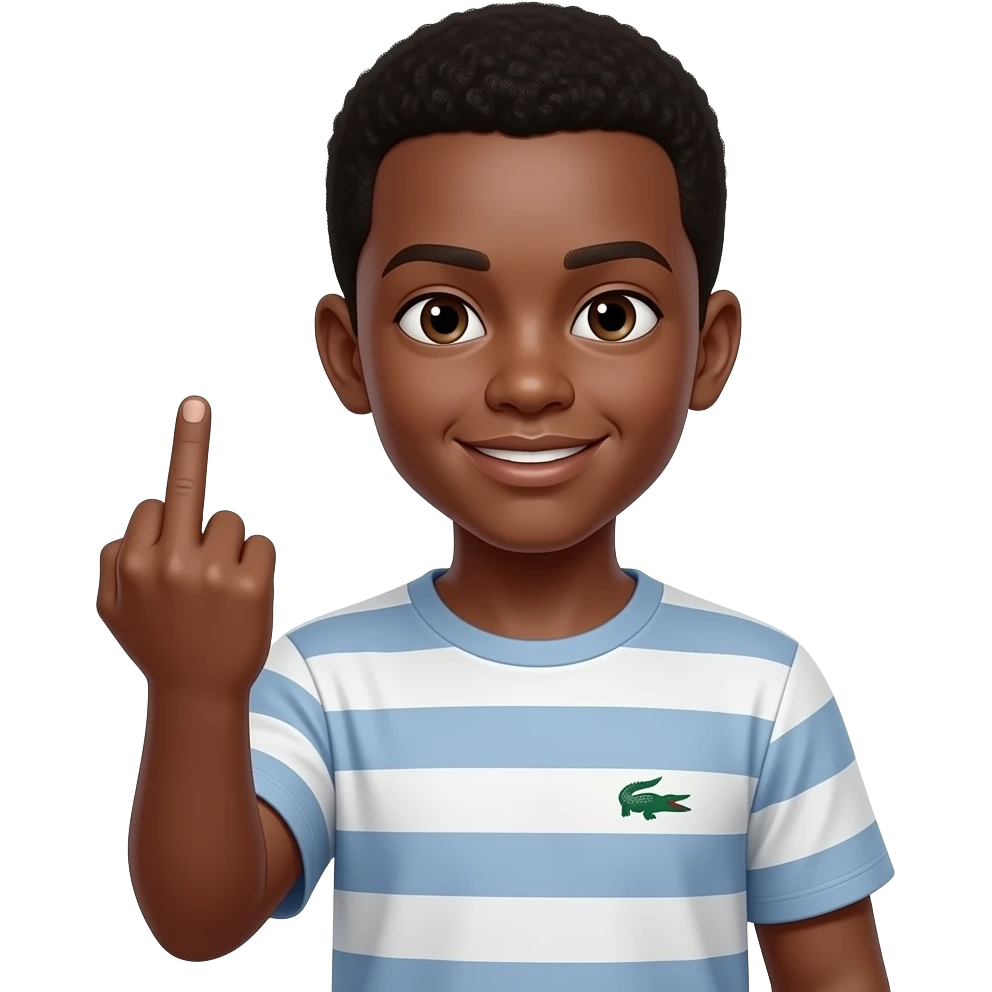 Garçon noir t-shirt Lacoste qui fait un doigt d’honneur emoji