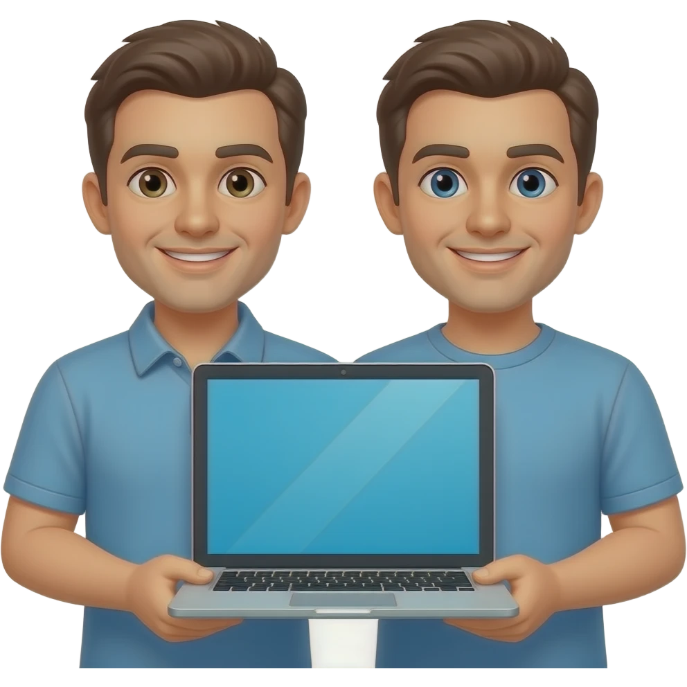 Two men holding a laptop, showing the screen emoji