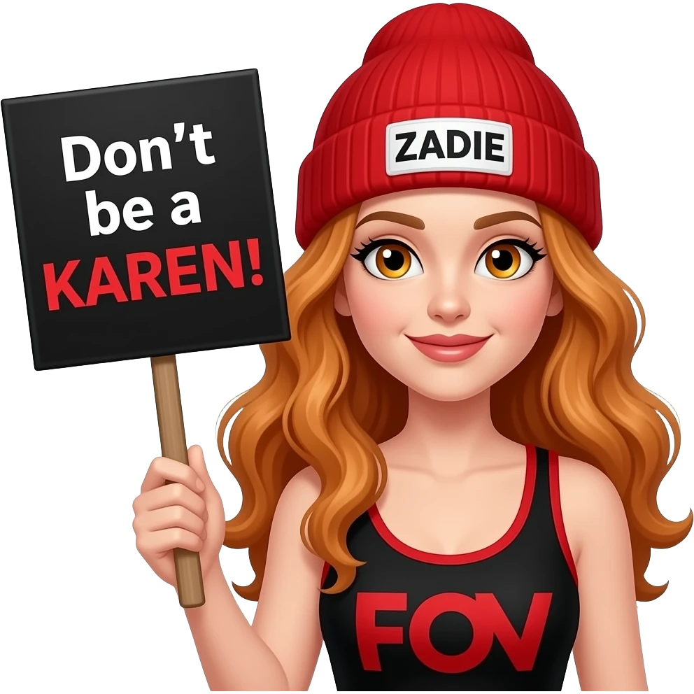 sexy girl with overlong wavy ginger hair and ginger eyes wearing a black red tanktop and a red beanie with ZADIE written on it, is holding a black sign with Don't be a KAREN! written on it emoji