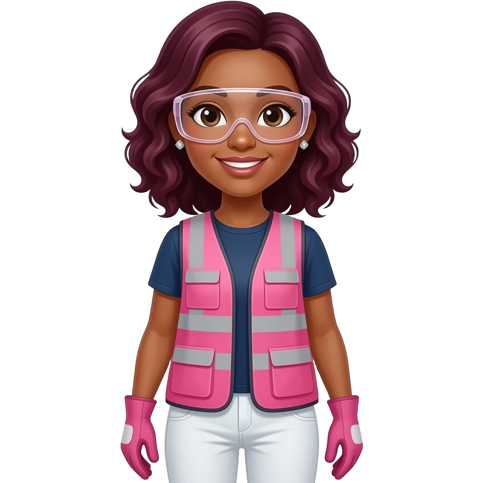African American woman with brown eyes with shoulder length wavy burgundy wearing diamond earrings wearing pink and clear safety glasses wearing a pink construction vest wearing white pans wearing pink construction vest wearing white pants wearing pink construction gloves emoji