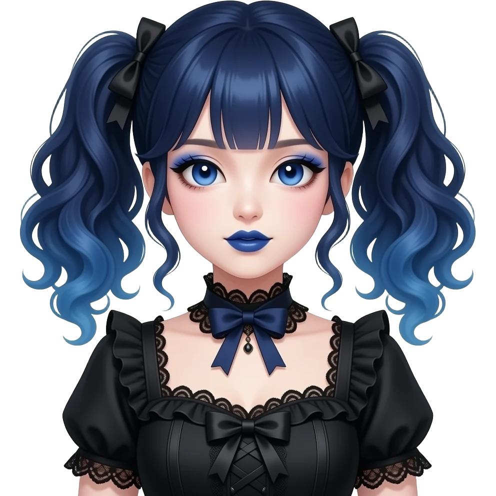 Japanese pale woman with dark blue curly pigtails and bangs, royal blue lips and eyeshadow, long eyelashes, blue eyes, black Lolita dress with laces and ribbons, gothic Lolita doll look emoji