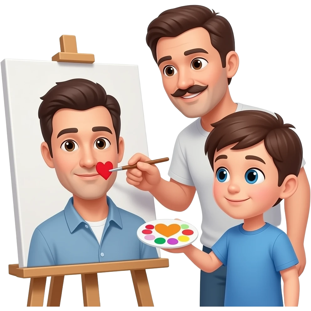 Vater (40) mit moustache und Sohn (23) malen zusammen ein Herz auf einer Staffelei emoji