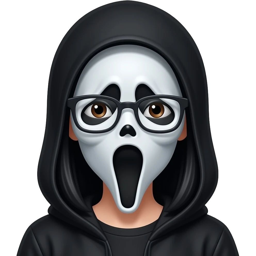 Girl with long black hair and brown eyes and glasses with Ghostface doll emoji