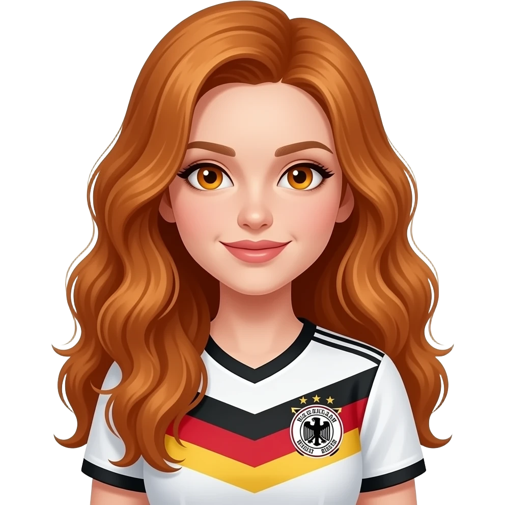 sexy girl with overlong wavy ginger hair and ginger eyes is wearing a german trikot emoji