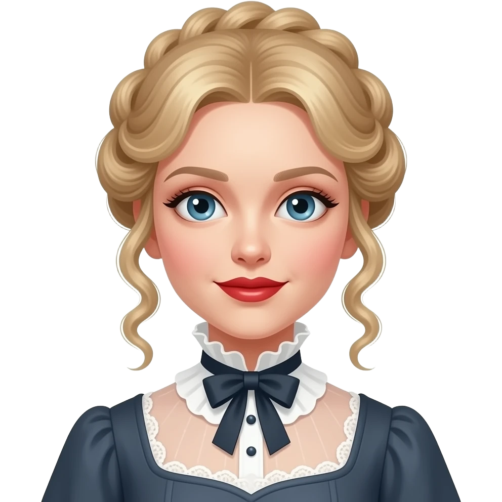 Victorian look with blonde hair pinned up in curly tendrils, Victorian outfit with red lipstick emoji