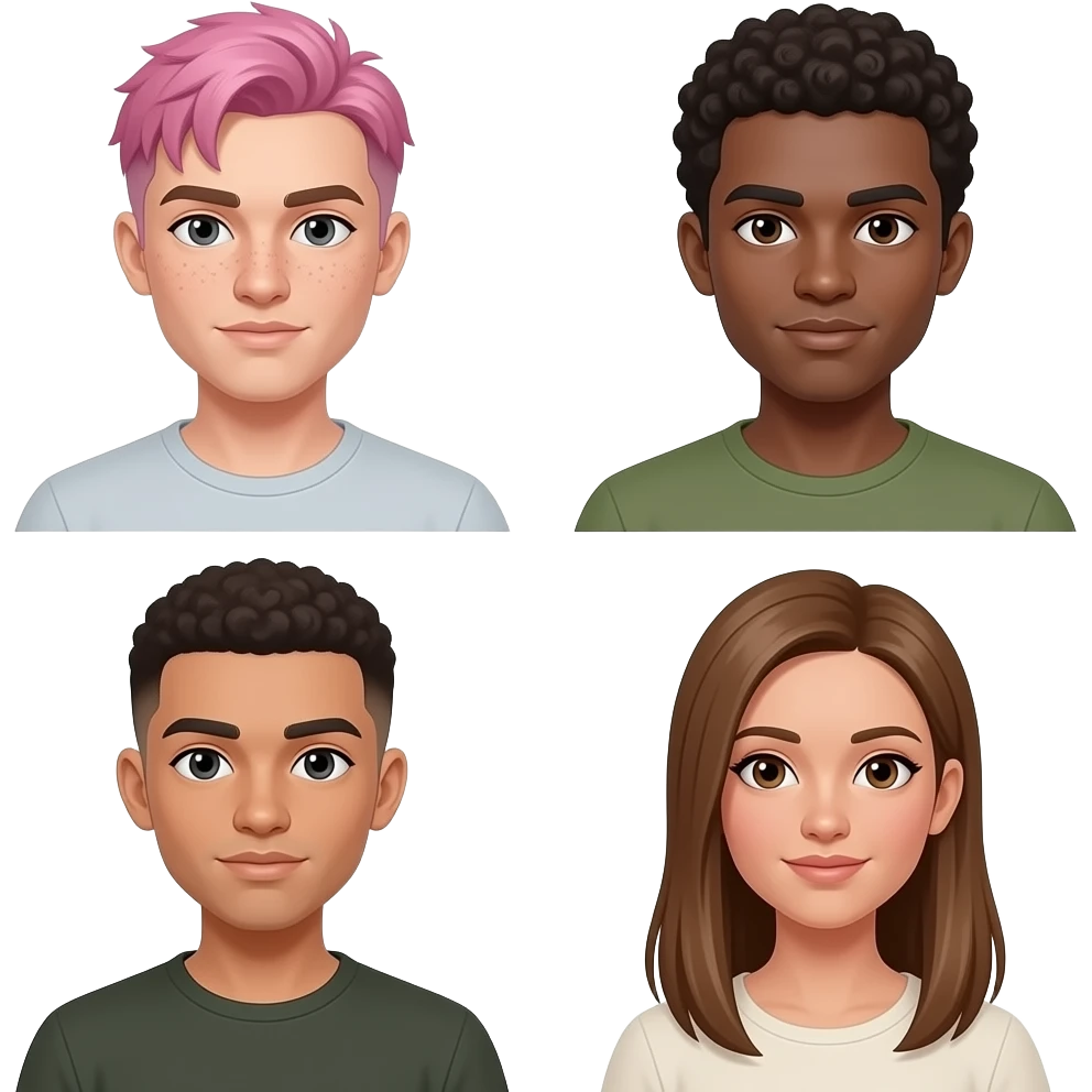 three people: short nonbinary person with short pink hair, brown eyebrows, and a brown undercut with pale skin, gray eyes and freckles, a tall olive-skinned man with dark brown eyes + very short curly hair, and a medium height woman with light tan skin, light brown straight long hair, and brown eyes emoji