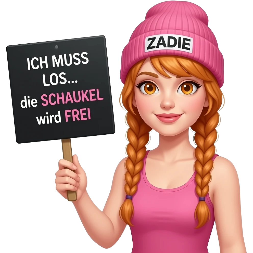 sexy girl with overlong ginger braids and ginger eyes wearing a pink tanktop and a pink beanie with ZADIE written on it, is holding a black sign with ICH MUSS LOS... die SCHAUKEL wird FREI written on it emoji