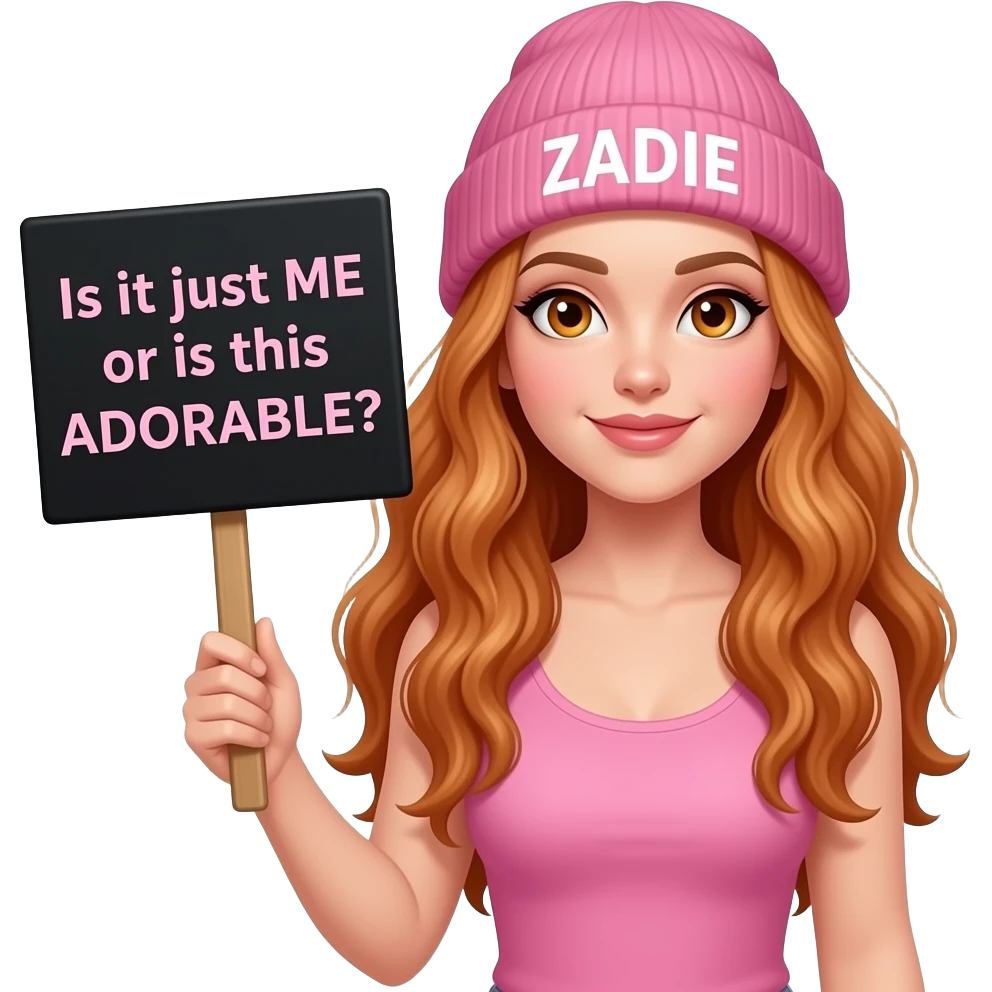 sexy girl with overlong wavy ginger hair and ginger eyes wearing a pink tanktop and a pink beanie with ZADIE written on it, is holding a black sign with Is it just ME or is this ADORABLE? written on it emoji