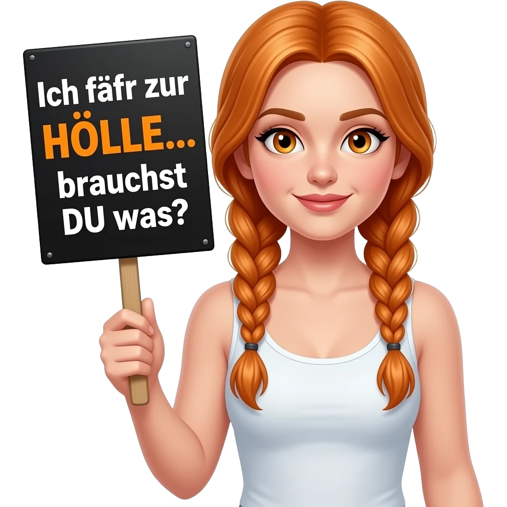 sexy girl with long ginger braids and ginger eyes wearing a white tanktop is holding a black sign with Ich fahr zur HÖLLE... brauchst DU was? written on it emoji