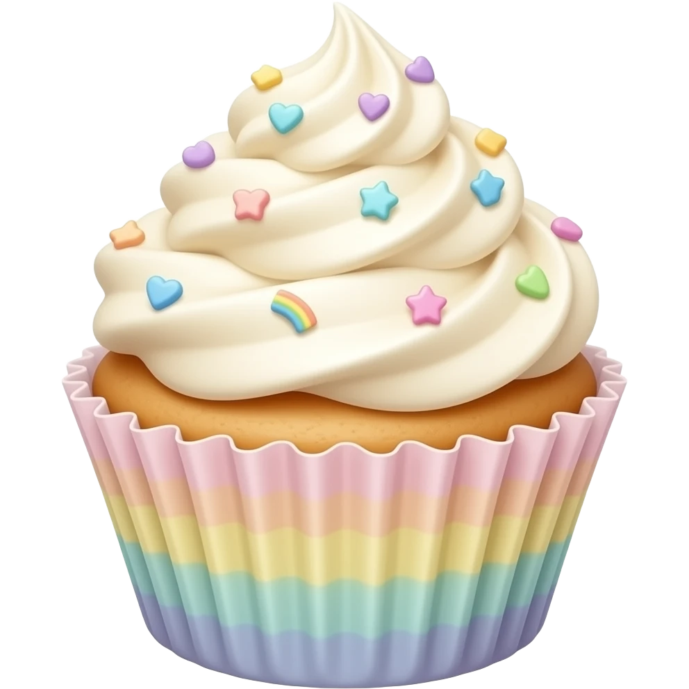 Vanilla Cupcake With Vanilla Frosting And Pastel Rainbow Sprinkles And Cutecore Kawaii Star And Heart Rainbow Pastel Cotton Candy Bubblegum Ball Liner emoji