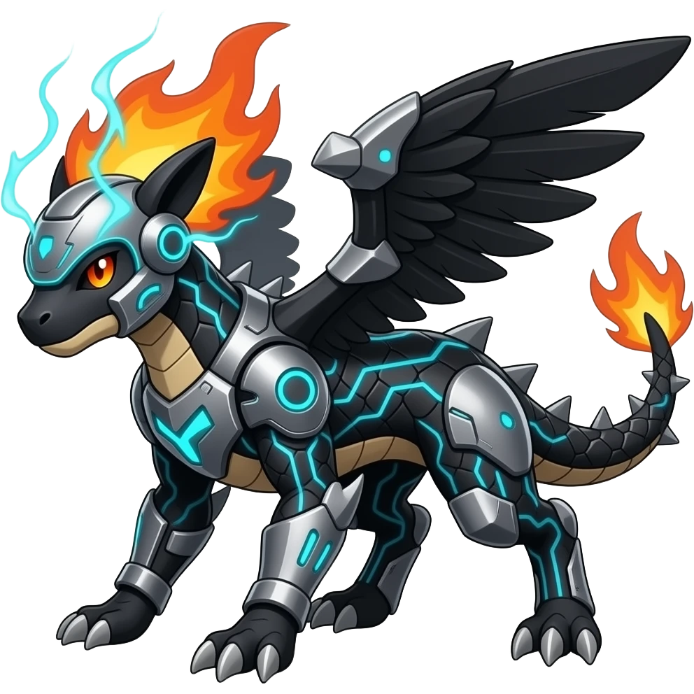 Cool edgy fiery bipedal scaly cybernetic electrical visor-helmeted, Circuitry-patterned black-scaled digitigrade futuristic fantasy-Cyberpunk-Steampunk-Solarpunk-Genesect-Cyclizar-Salazzle-Protogen-Fakémon-animal-hybrid, feathery, tail blade, back spikes emoji