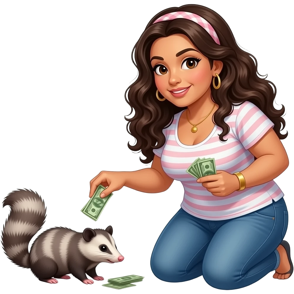A curvy pale latina woman with long curly hair is stealing money from possums emoji