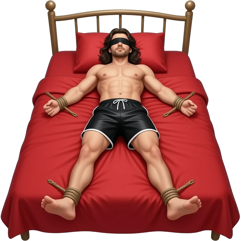 man in blinfold, in silky black shorts, long dark hair, laying face down, arms and legs tied apart, on red bed emoji