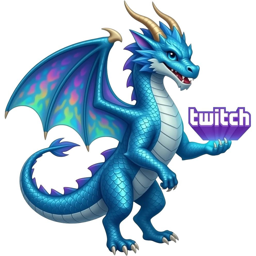 Blue dragon holding twitch logo looking right emoji