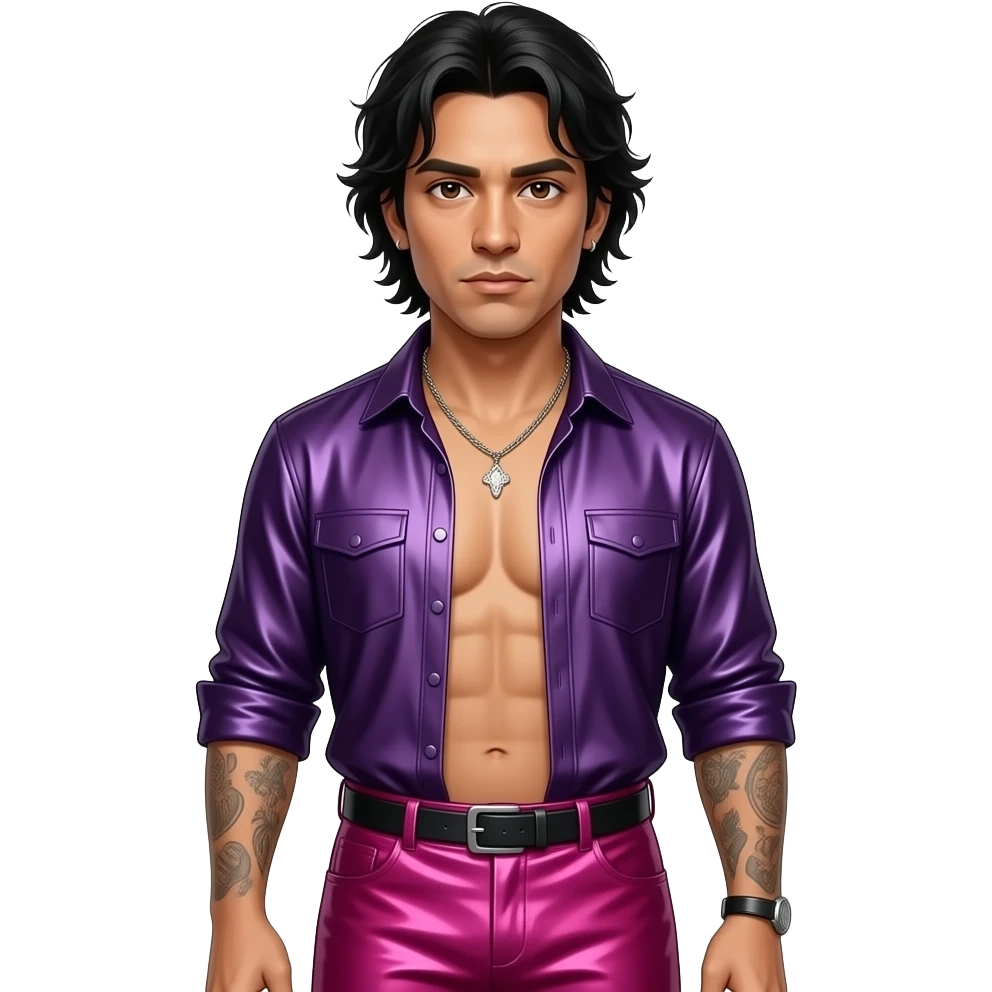 Chino Moreno with dark brown eyes, black hair, dark purple metallic blouse, hot pink metallic baggy pants, shirtless with necklace emoji