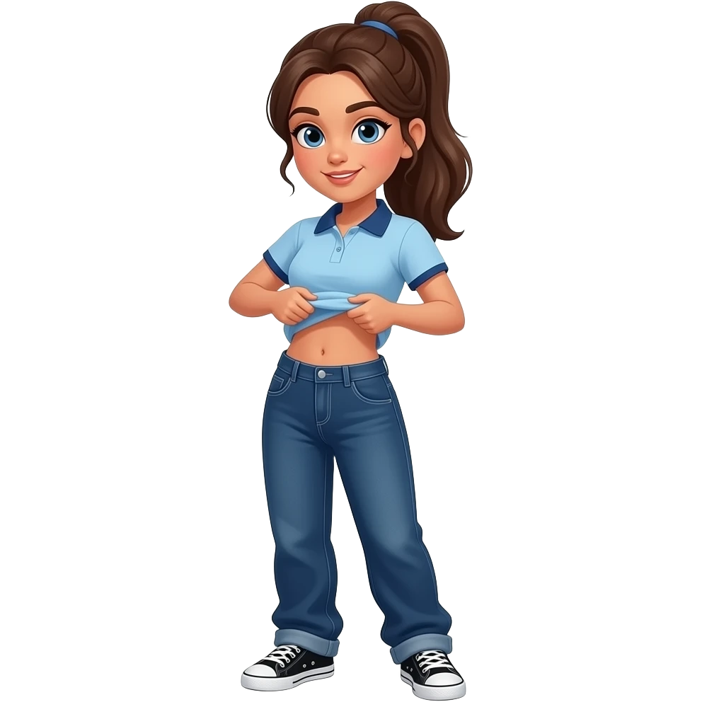 17 year old hispanic woman with brown ponytail and blue eyes light blue dark blue lined polo and dark blue baggy jeans and belly button and black and white sneakers lifting her shirt to show her belly emoji