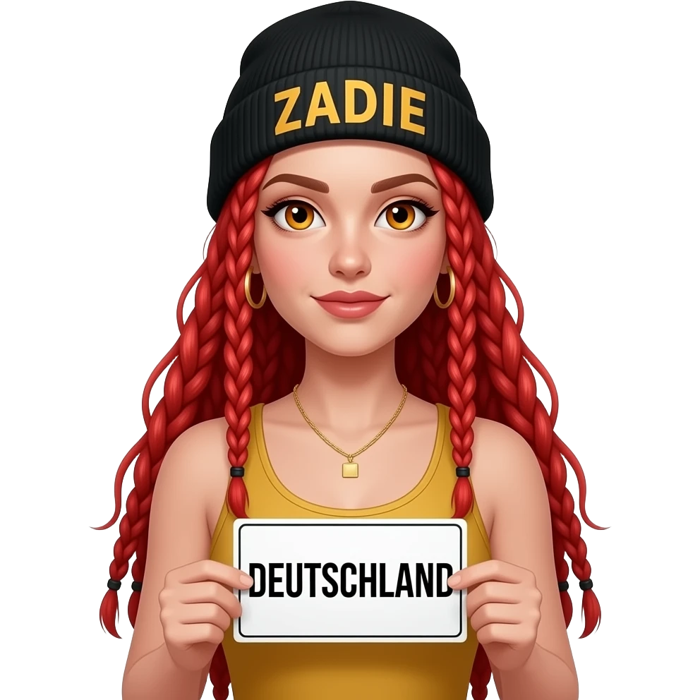 sexy girl with overlong neon red braids and ginger eyes wearing a gold tanktop and a black beanie with ZADIE written on it, is holding a sign with DEUTSCHLAND written on it emoji