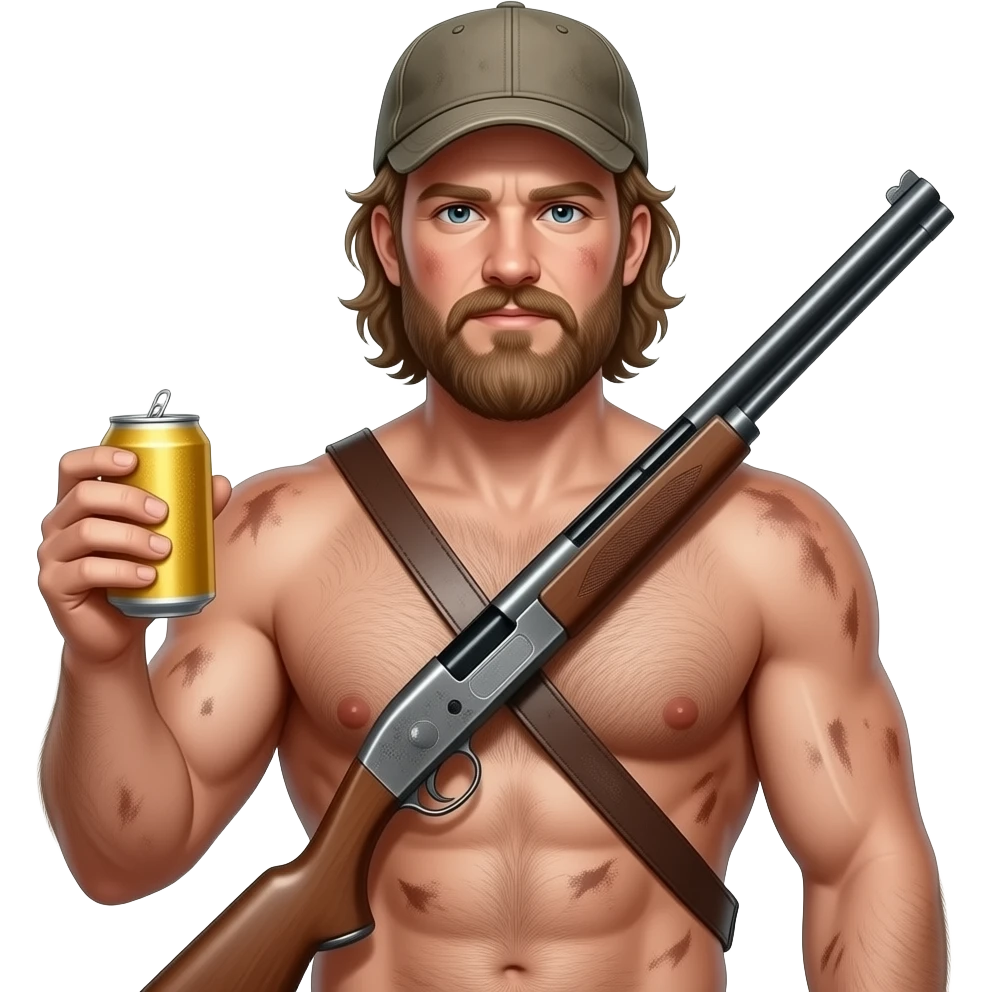 Portrait von einem nackten, typisch Aussehender redneck mit alten cap. Er ist maskulin, behaart. Seine Haut ist staubig und dreckigen und verschwitzt. Er hat eine Bierdose in der Hand und eine Schrotflinte um seinen Körper umgehängt. Er hat ein ungepflegten, zottligen lange Bart. emoji