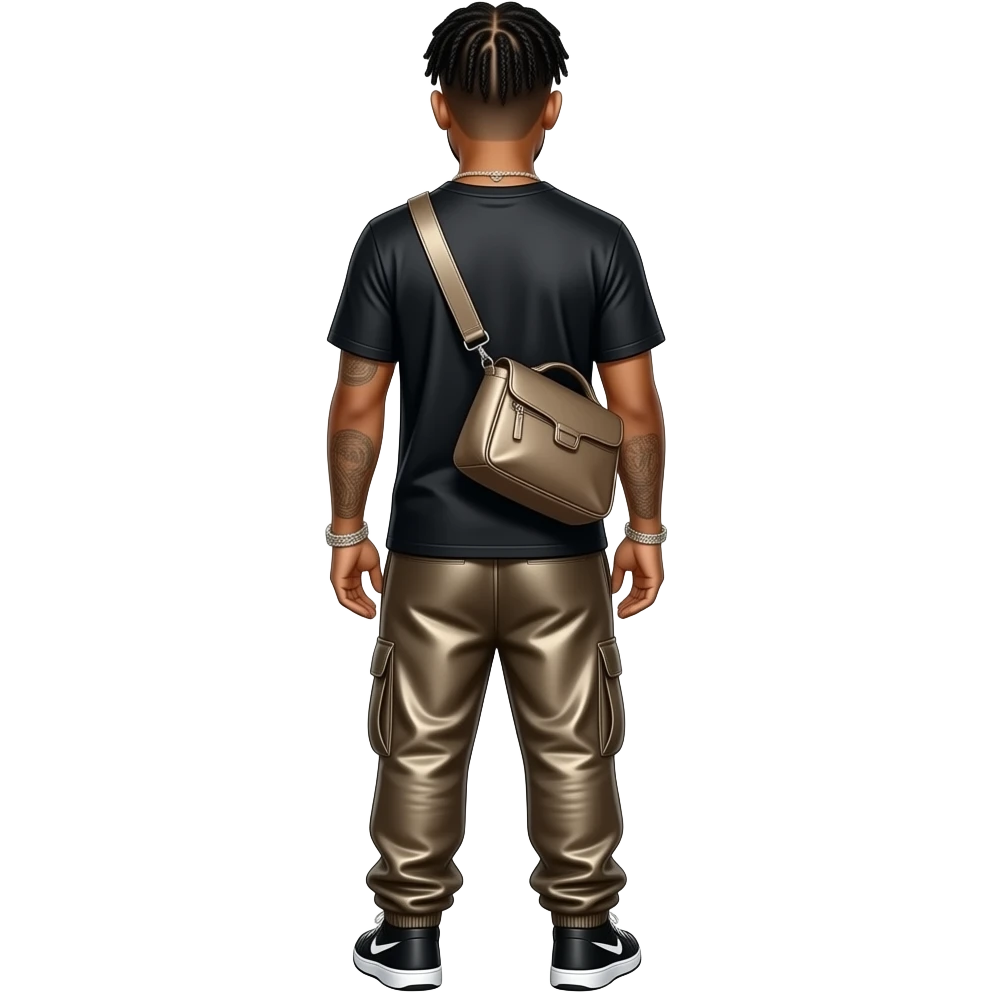 Drake from behind with black metallic t-shirt, dark beige metallic baggy joggers emoji