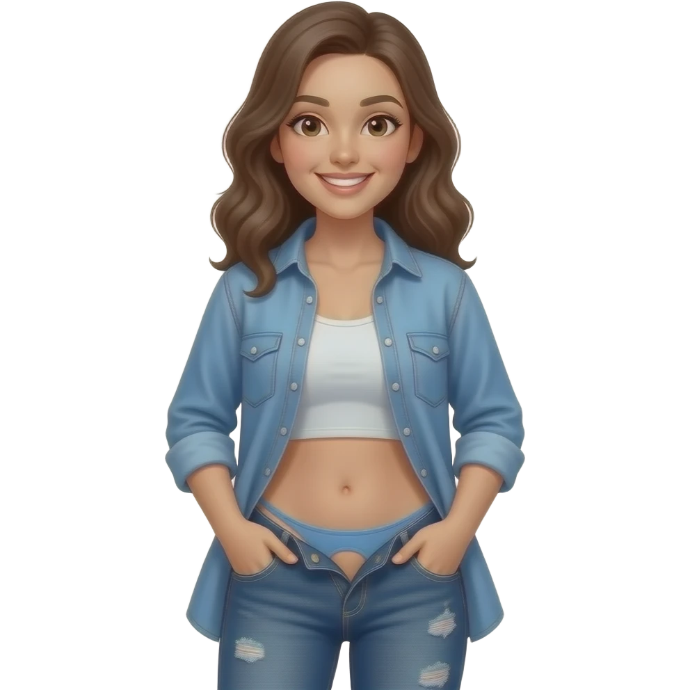 A full-length shot of a smile woman in jeans, her pants unbuttoned, thong. Her jeans shirt is unbuttoned and her hands are in her pockets. emoji