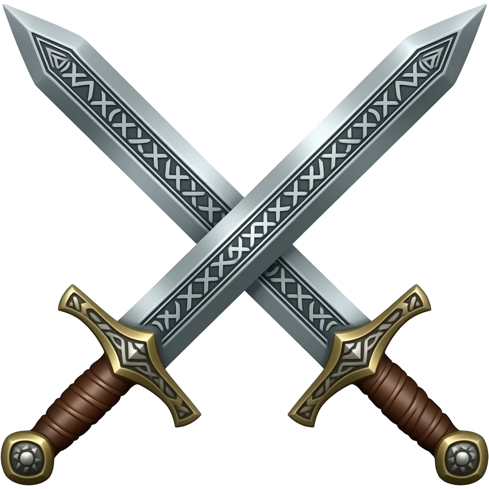Two swords, Right sword over the left sword, in a X pattern, engraved with ornate Norse markings, wooden handles with leather straps emoji