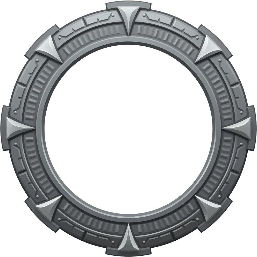 Stargate made of dark gray metal with NINE chevrons spaced evenly around the rim emoji