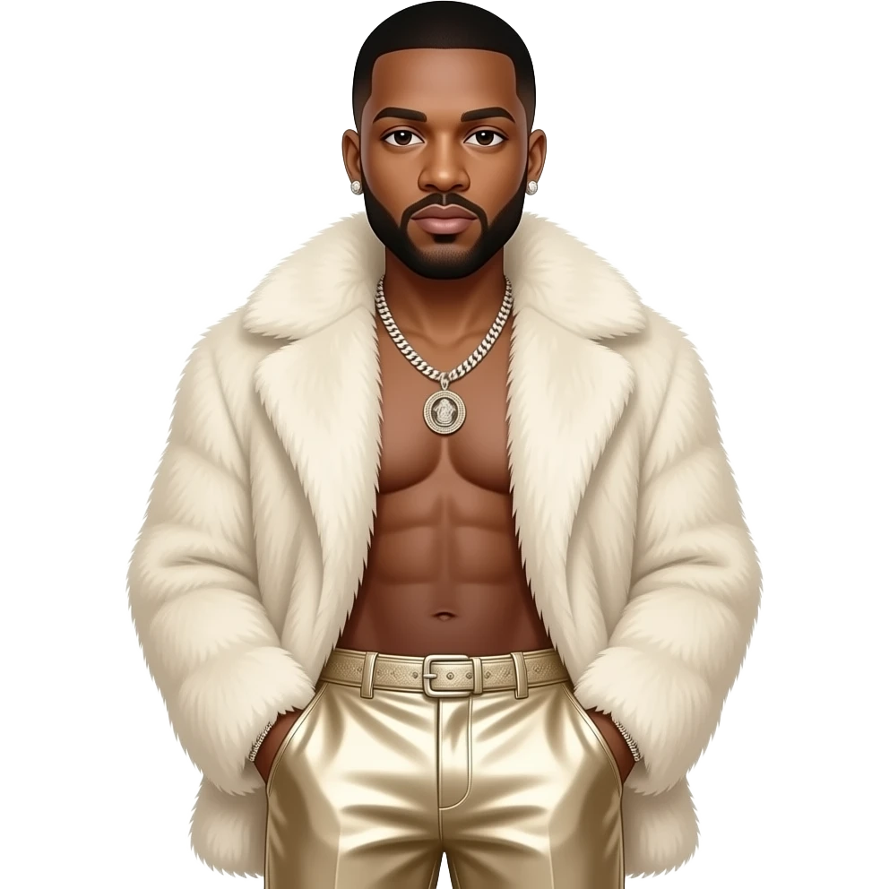 DJ Khaled with dark brown eyes, black buzz cut hair, ivory fur shawl, ivory metallic baggy pants, shirtless with necklace and earrings emoji