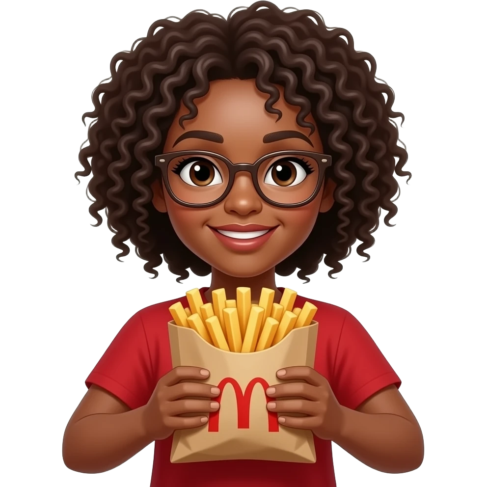 make a black woman with dark brown curly hair and dark brown glasses  holding a large bag of French fries emoji