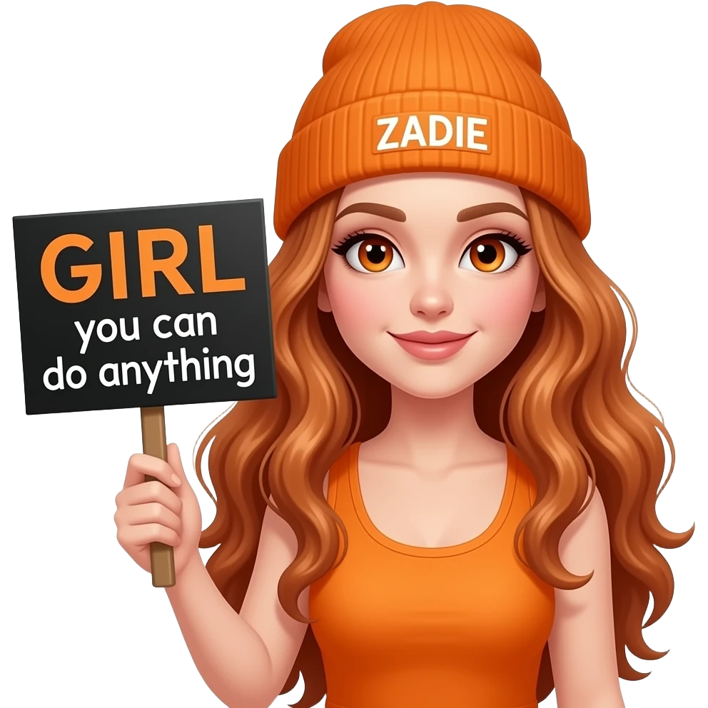 sexy girl with overlong wavy ginger hair and ginger eyes wearing a orange tanktop and a orange beanie with ZADIE written on it, is holding a black sign with GIRL you can do anything written on it emoji
