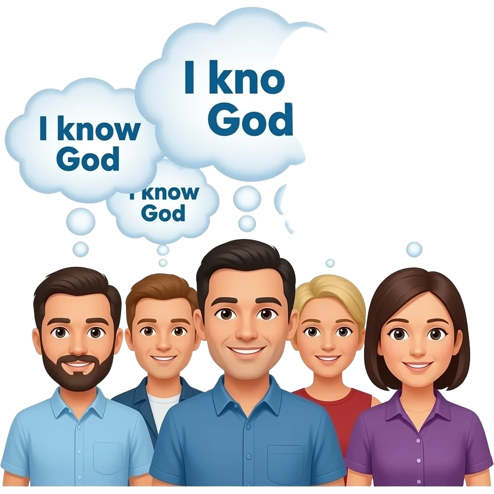 A group of NON WHITE people from Israel with thought bubbles  above their head. All of the thought bubles say "I know God". These people are Israeli, not white. NOT WHITE PEOPLE emoji