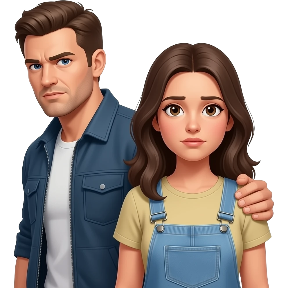upset defensive guy, looking someone at the side , back over his shoulder,  protecting poor humble young woman, she has neutral face expression, both wearing street casual clothes emoji