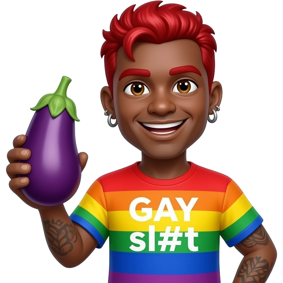 Smiling face  with eggplant in hand with a rainbow shirt that says gay sl#t and make him black with piercings ever where with red hair emoji