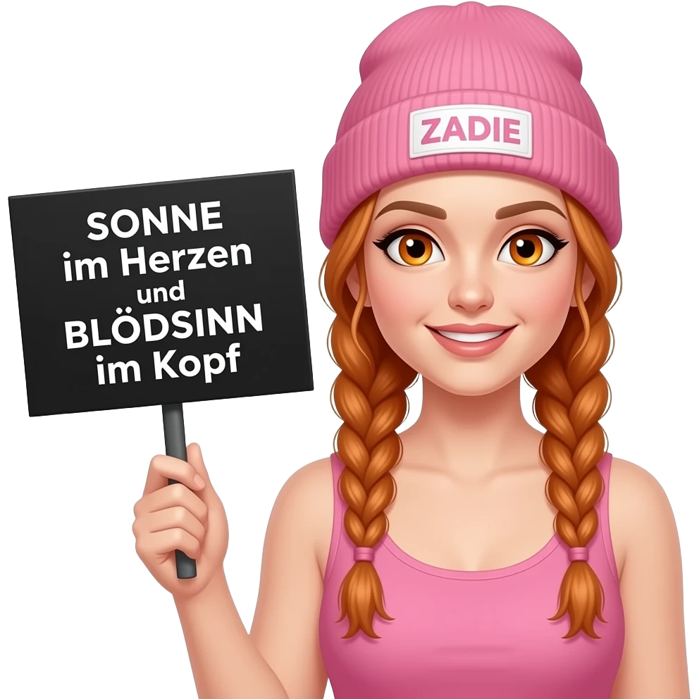 sexy girl with overlong ginger braids and ginger eyes wearing a pink tanktop and a pink beanie with ZADIE written on it, is holding a black sign with SONNE im Herzen und BLÖDSINN im Kopf written on it emoji