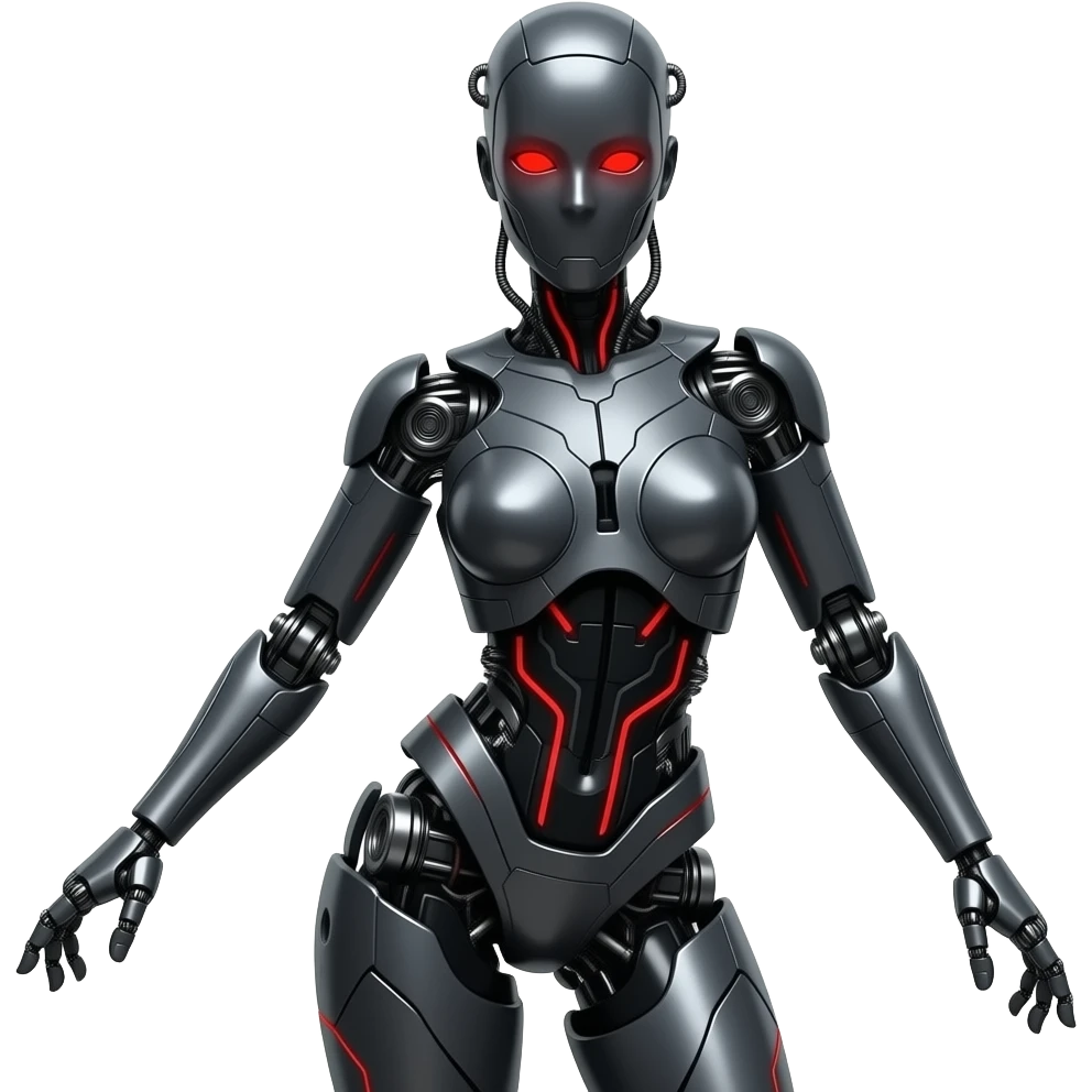 A female robot made of dark gray steel with black and red markings, full body, sexy pose, robot head, robot face, no human features. full  body pose emoji