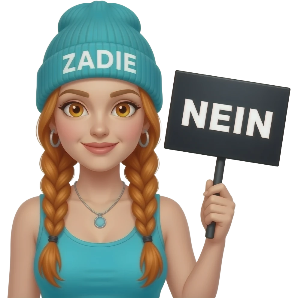 sexy girl with overlong ginger braids and ginger eyes wearing a turquoise tanktop and a turquoise beanie with ZADIE written on it, is holding a black sign with NEIN written on it emoji