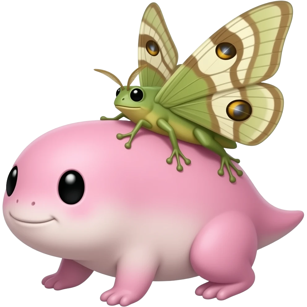 Make an axelotle with an frog moth from the apple (just take the moth not the color from the frog and place it as an moth to the axelotle, the axlelotle has two black dots as eyes) 🐸 and the axelotle is pink. AS APPLES EMOJIS apple company logo emoji