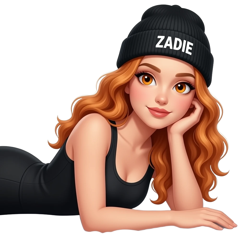 sexy girl with overlong wavy ginger hair and ginger eyes wearing a black tanktop and a black beanie with ZADIE written on it,  is lying on the sidein bed emoji
