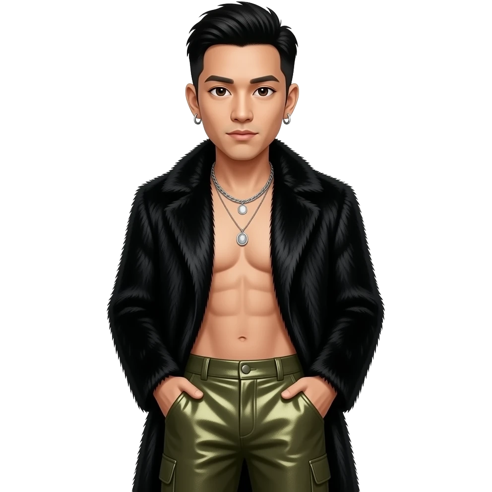Mike Shinoda with brown eyes, black hair, black fur coat, olive metallic baggy pants, shirtless with necklace and earrings emoji