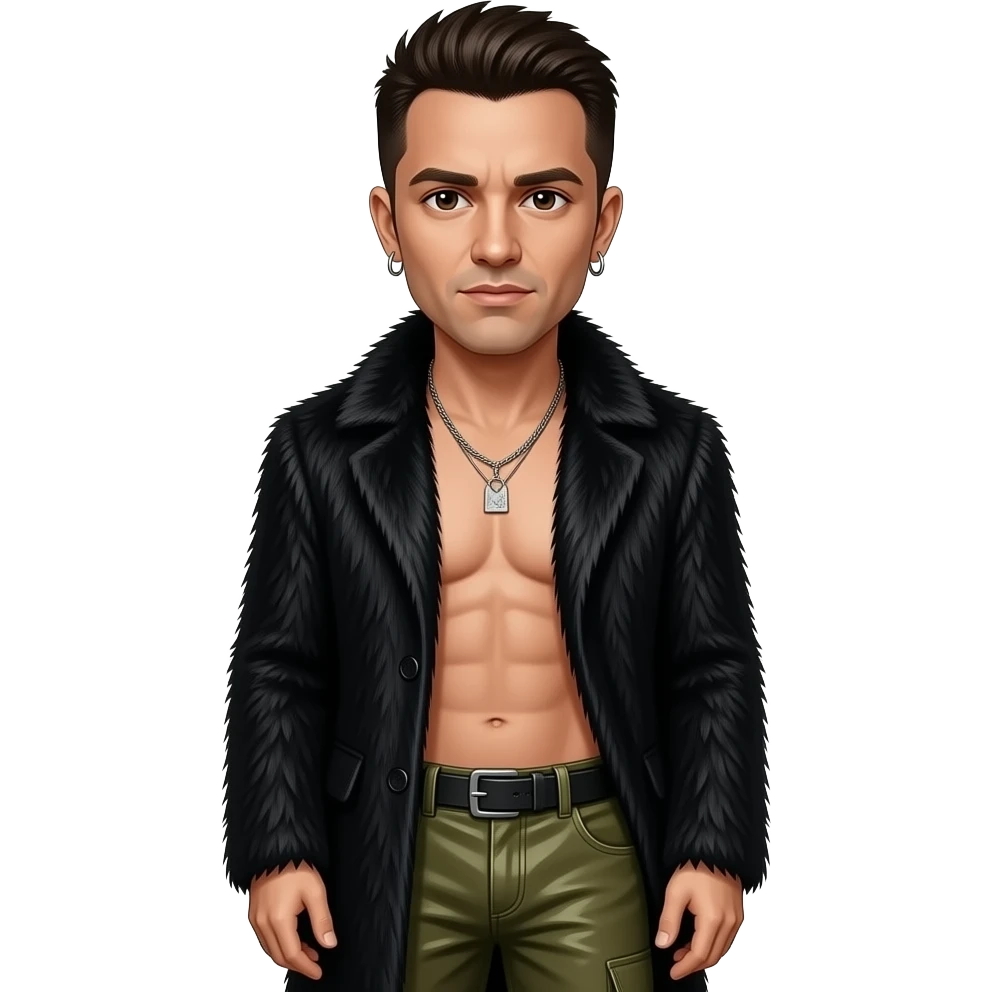 Chester Bennington with brown eyes, dark brown hair, black fur coat, olive metallic baggy pants, shirtless with necklace and earrings emoji