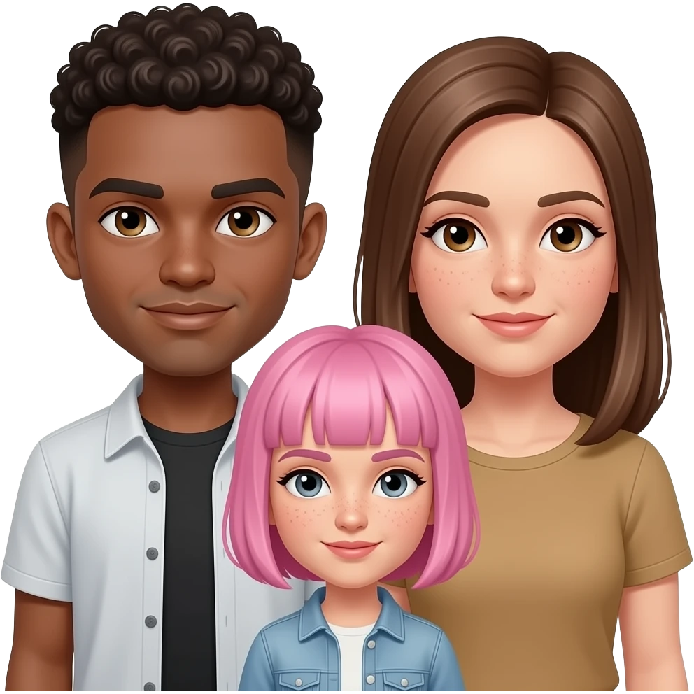 three people: short nonbinary person with short pink hair, brown eyebrows, and a brown undercut with pale skin, gray eyes and freckles, a tall olive-skinned man with dark brown eyes + very short curly hair, and a medium height woman with light tan skin, light brown straight long hair, and brown eyes emoji