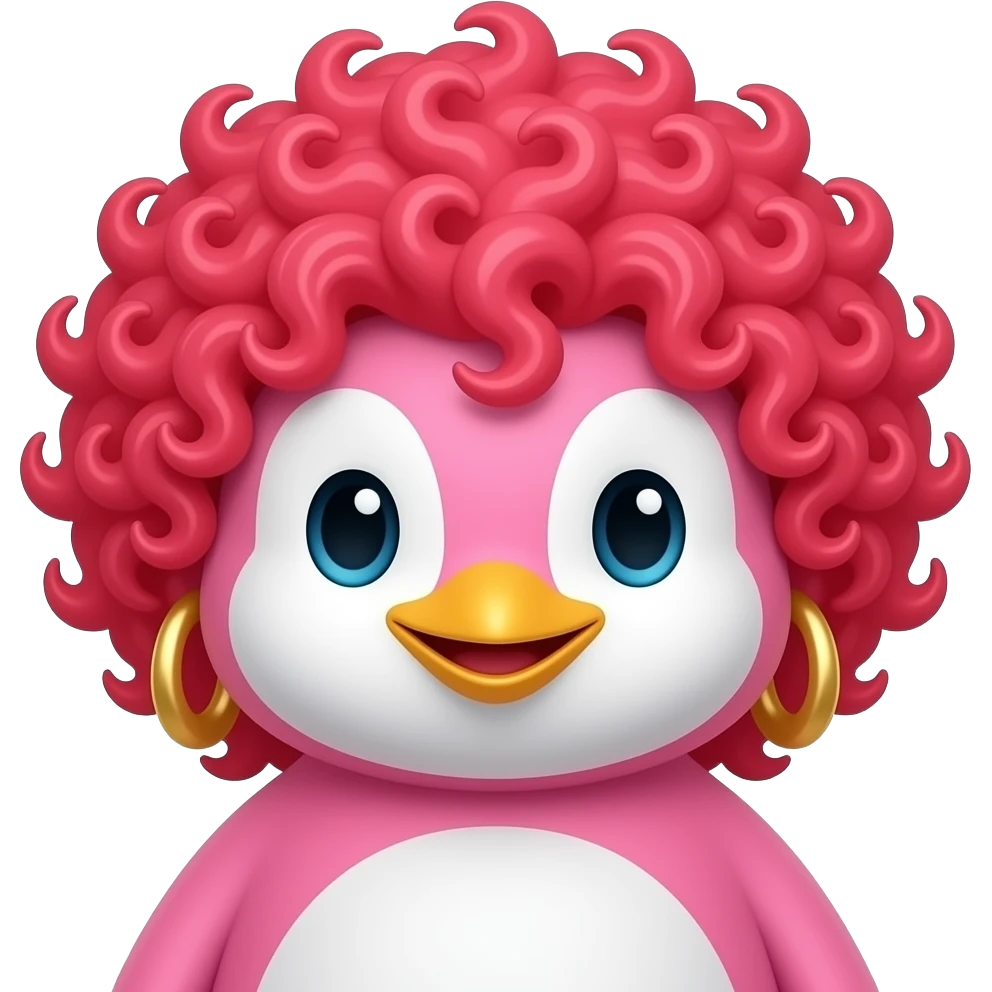 pink penguin with curly bright red hair and big earrings, just face emoji