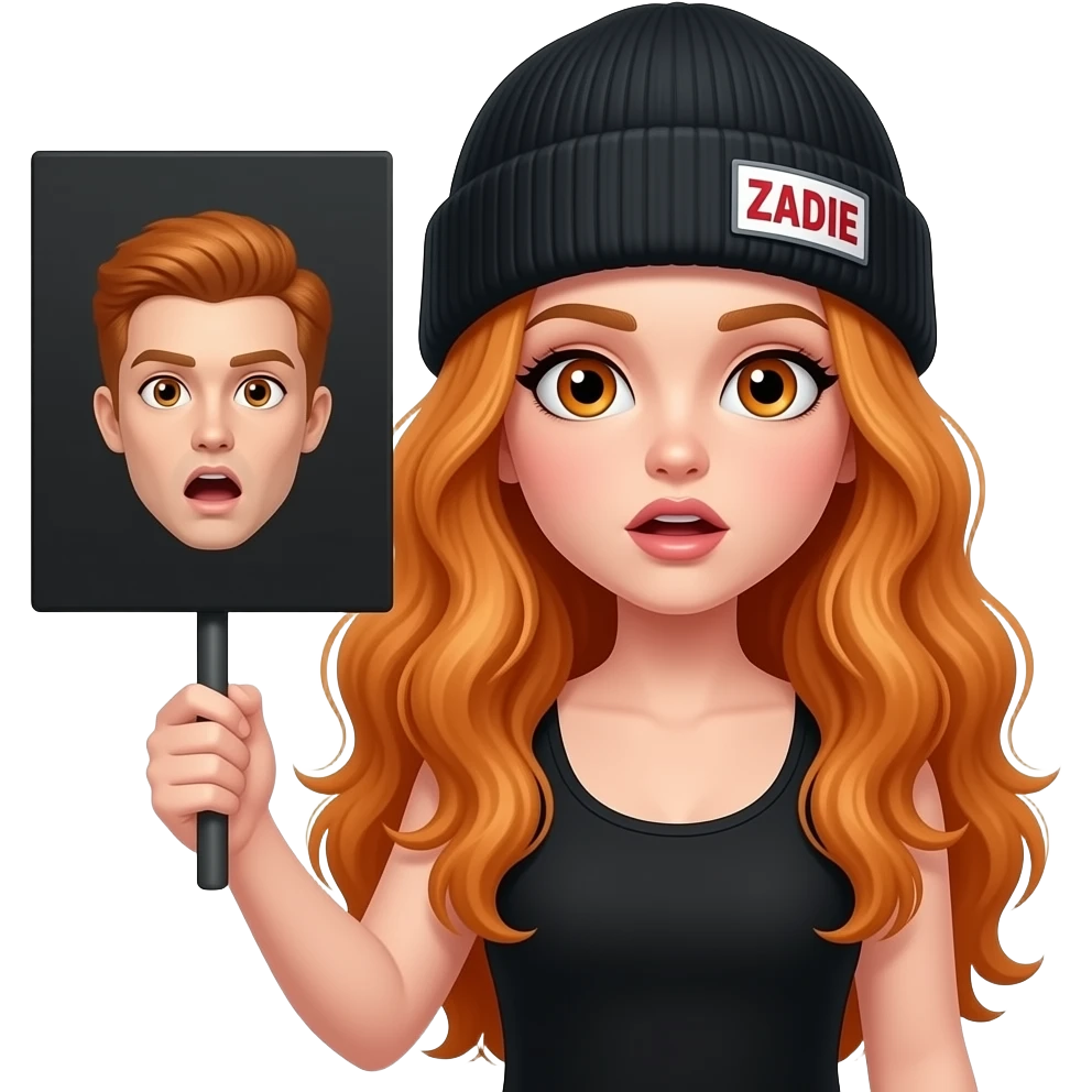 sexy girl with overlong wavy ginger hair and ginger eyes wearing a black tanktop and a black beanie with ZADIE written on it, is holding a black sign with 😱 on it emoji