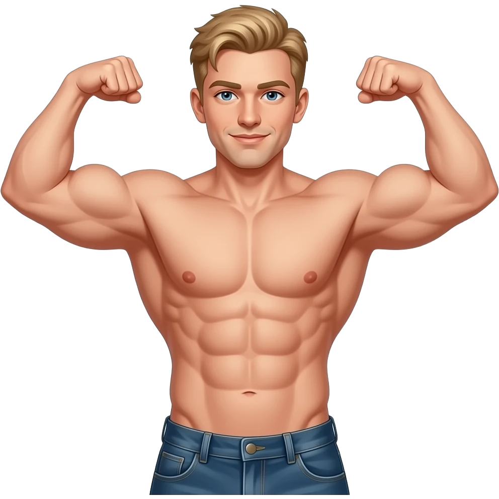 Hombre blanco rubio con musculatura baja flexionando los 2 brazos hacia la cintura tensionado sus pectorales y abdominales. emoji