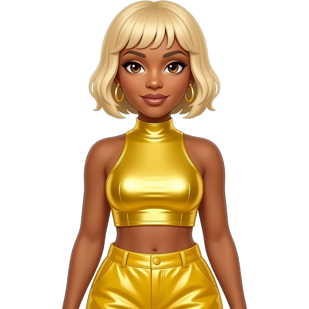 Tionne T-Boz Watkins from TLC with brown eyes, blonde bob hair, yellow metallic high neck crop top, yellow metallic baggy pants, earrings emoji